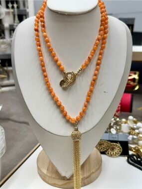 Gold-Tassel Orange Beaded Double-Strand Necklace